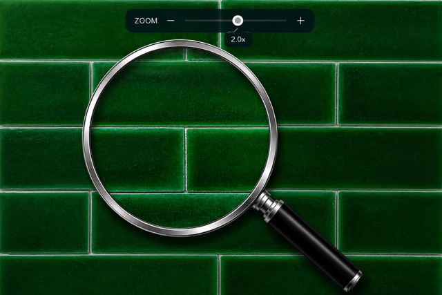 Magnifying glass on a green tiled background with zoom control overlay