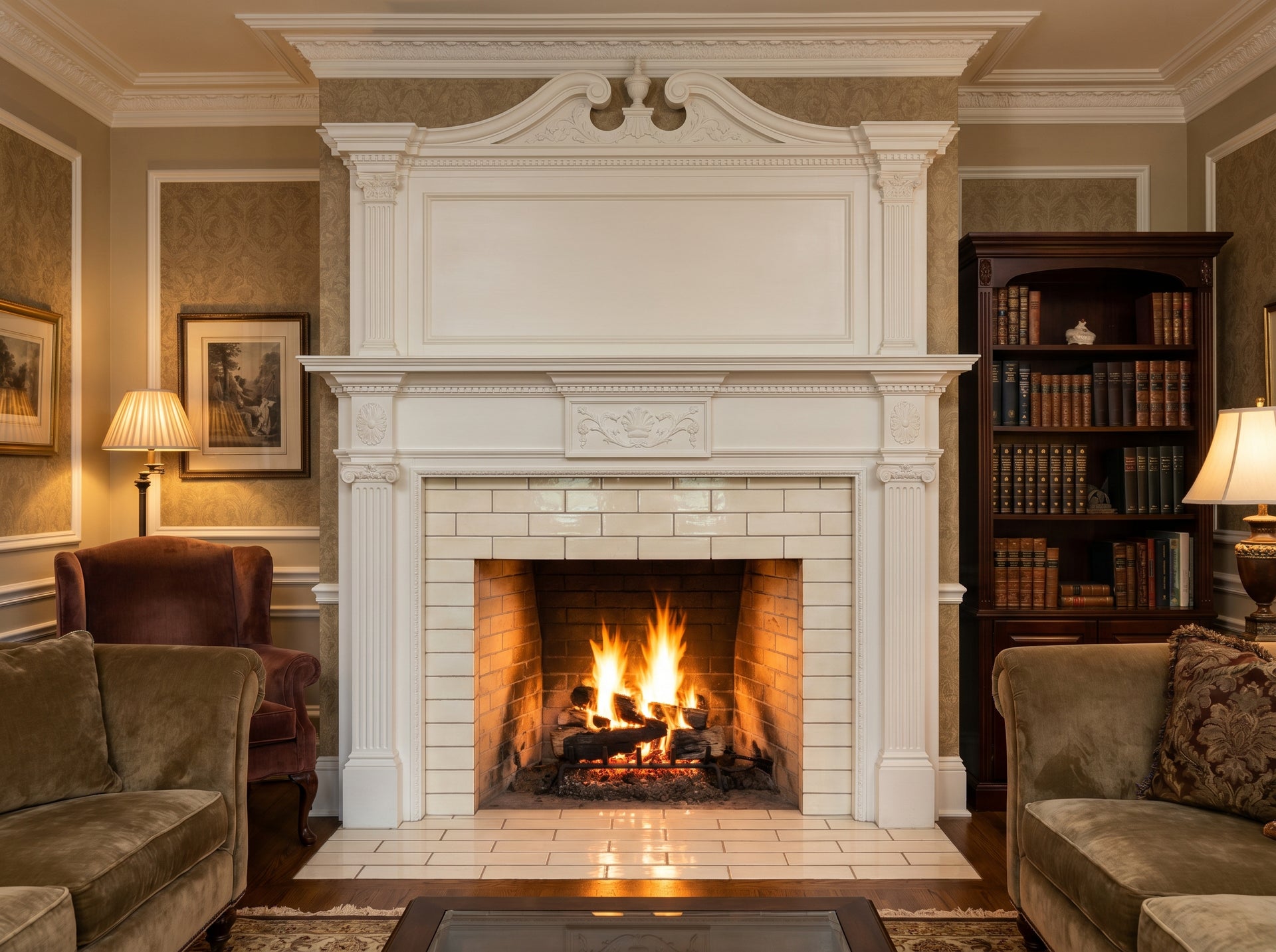 Cozy living room with a large white fireplace, bookshelf, and comfortable seating.